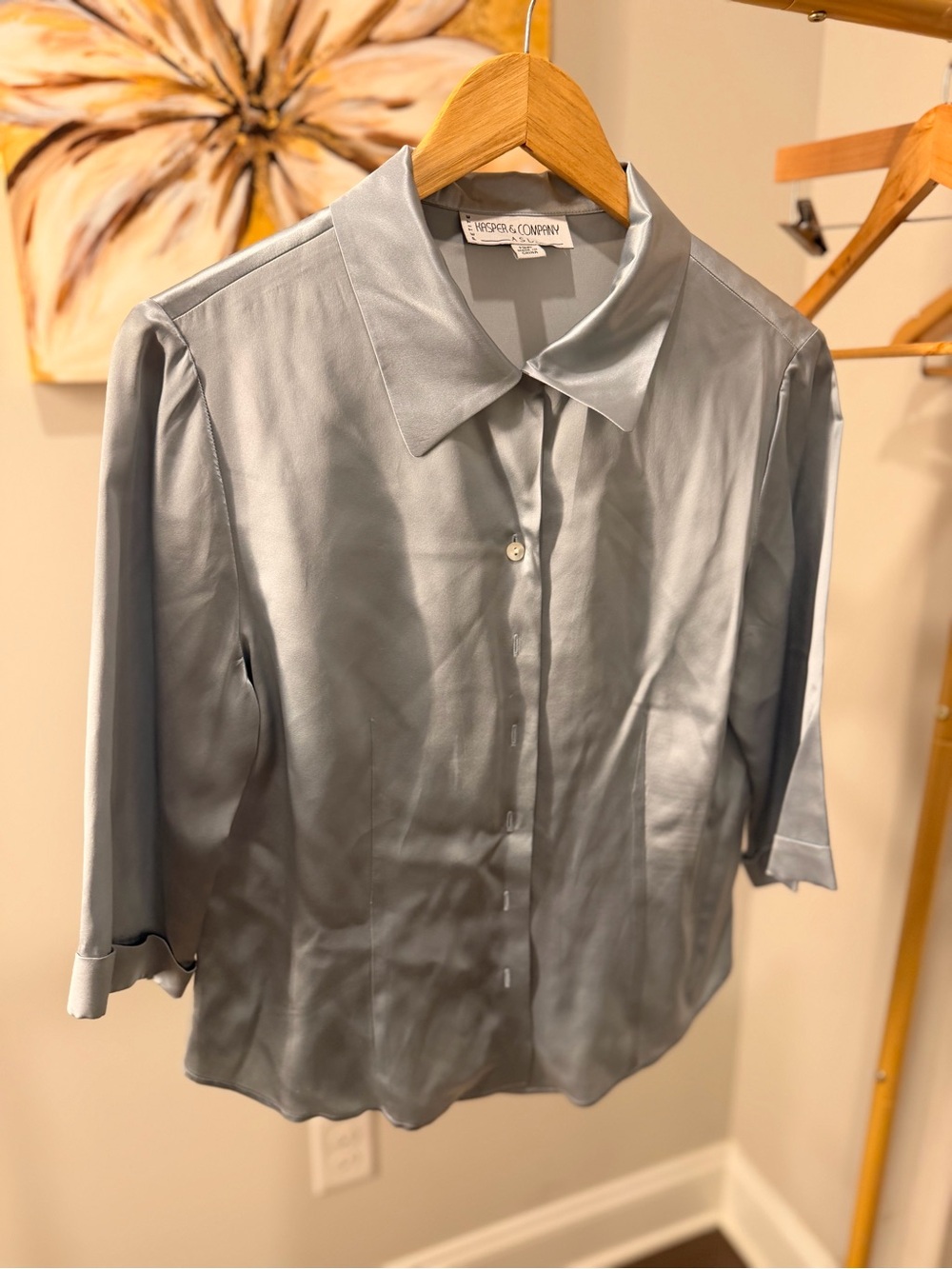 Kasper Light Silver Button-Front Satin Blouse